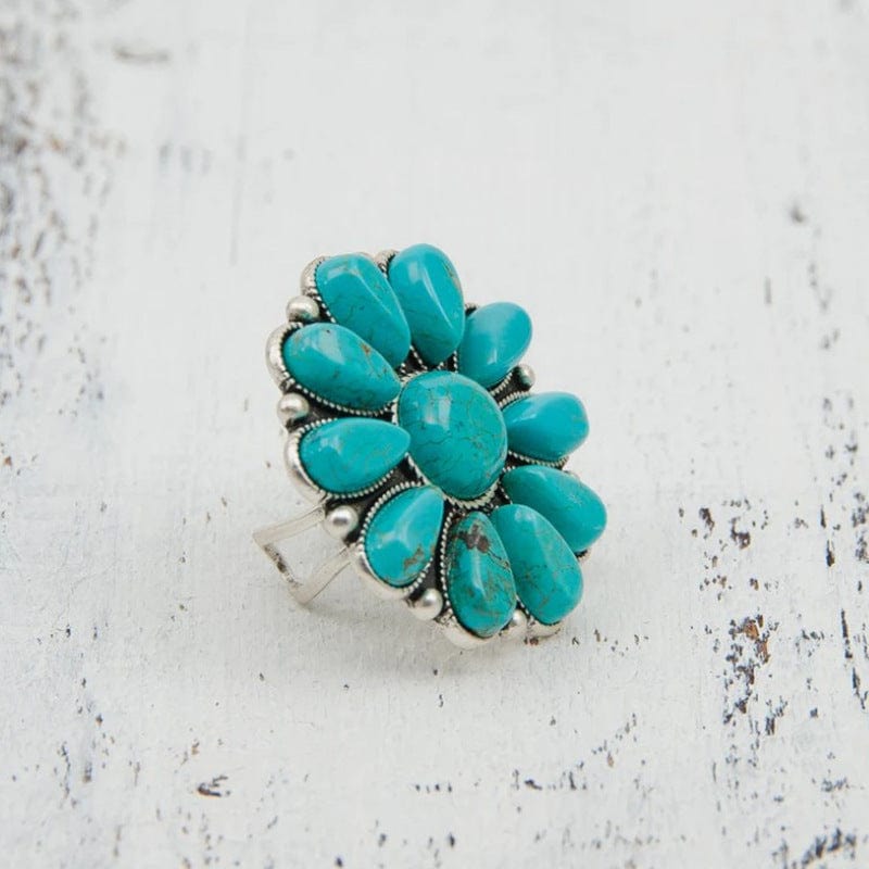 Artificial Turquoise Alloy Flower Ring - Trendsi