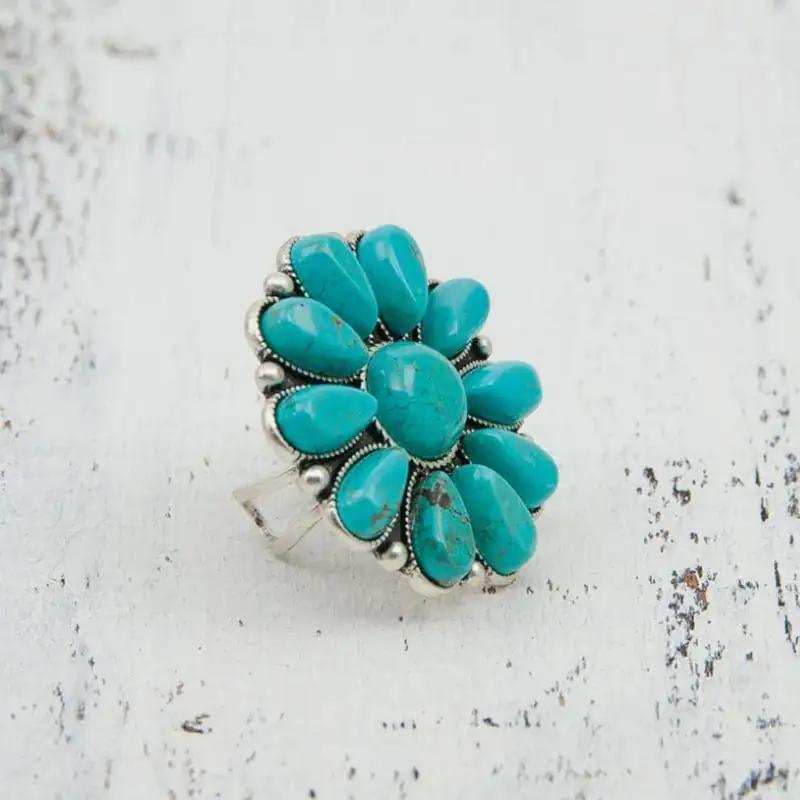 Artificial Turquoise Alloy Flower Ring - Trendsi - Flyclothing LLC
