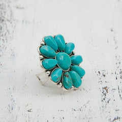 Artificial Turquoise Alloy Flower Ring - Trendsi