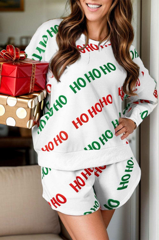 Letter Print Round Neck Long Sleeve Top and Shorts Set - Trendsi - Flyclothing LLC