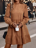 Frill Round Neck Long Sleeve Mini Dress - Trendsi