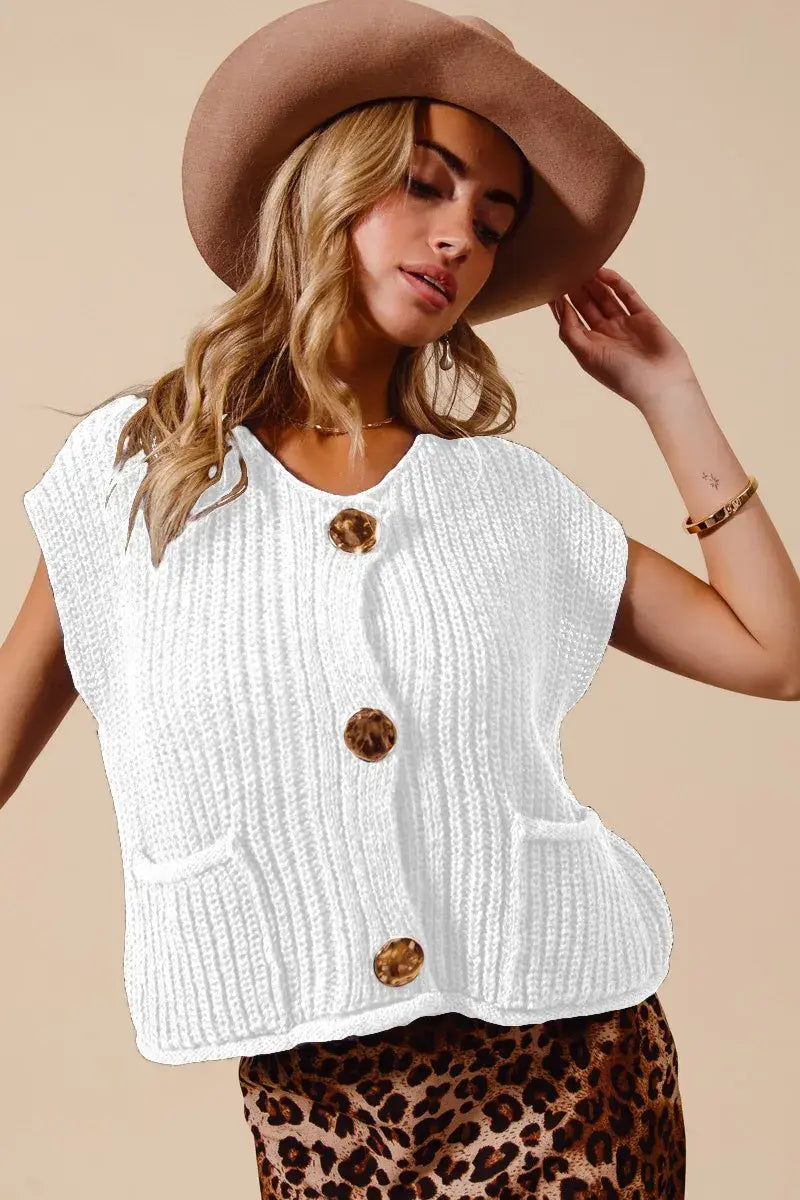 SO ME Big Metal Button Front Sweater Vest - Trendsi - Flyclothing LLC