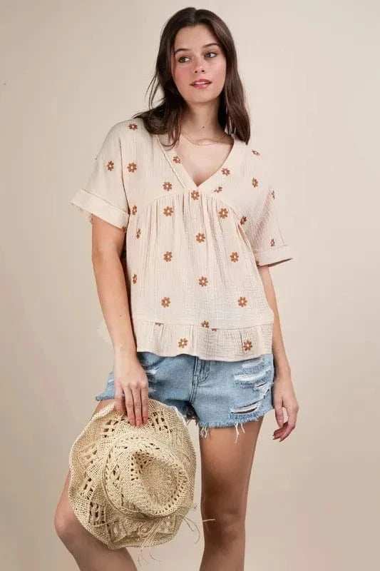 VERY J Flower Embroidered Woven Blouse - Trendsi - Flyclothing LLC