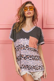 BiBi Leopard Stripe with Slub Terry Color Block T-Shirt - Trendsi