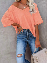 Waffle Knit V-Neck Short Sleeve T-Shirt - Trendsi - Flyclothing LLC