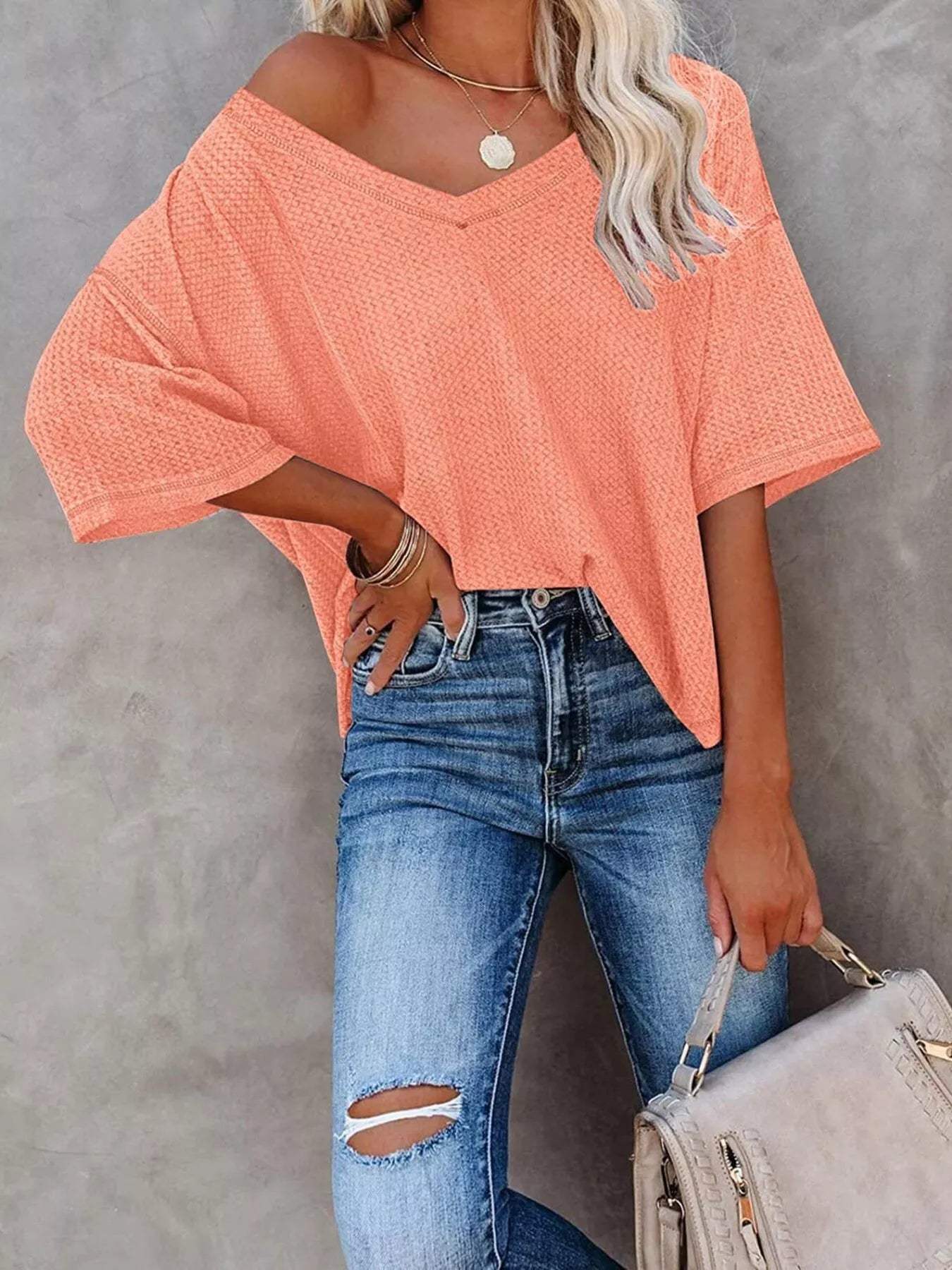 Waffle Knit V-Neck Short Sleeve T-Shirt - Trendsi - Flyclothing LLC
