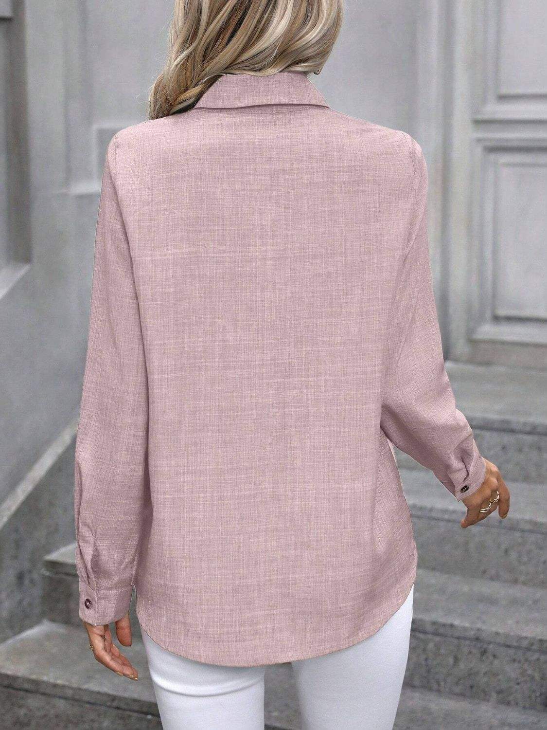 Button Up Collared Neck Long Sleeve Shirt - Trendsi - Flyclothing LLC