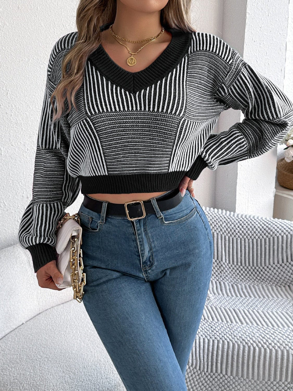 Striped V-Neck Long Sleeve Sweater - Trendsi