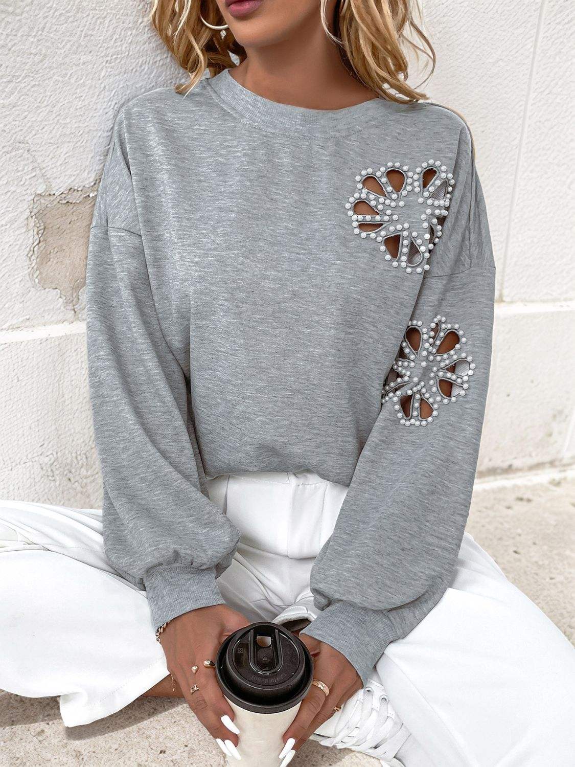 Perfee Cutout Pearl Round Neck Long Sleeve Sweatshirt - Trendsi - Flyclothing LLC