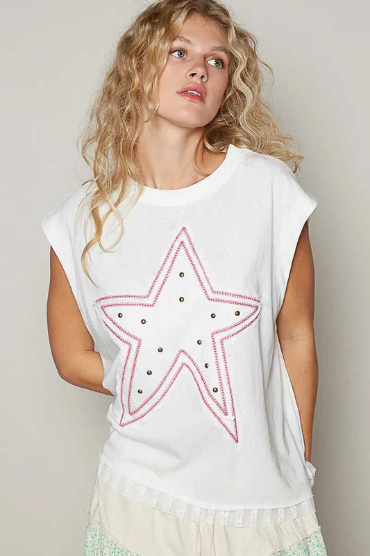 POL Star Patch Studded Sleeveless T-Shirt with Lace Hem - Trendsi - Flyclothing LLC