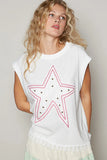 POL Star Patch Studded Sleeveless T-Shirt with Lace Hem - Trendsi