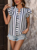 Contrast Striped Notched Ruffled Cap Sleeve Blouse - Trendsi