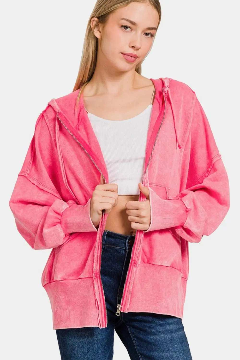 Zenana Acid Washed French Terry Zip-Up Hoodie with Pockets - Trendsi - Flyclothing LLC