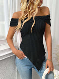 Ribbed Off-Shoulder Asymmetrical Hem T-Shirt - Trendsi - Flyclothing LLC