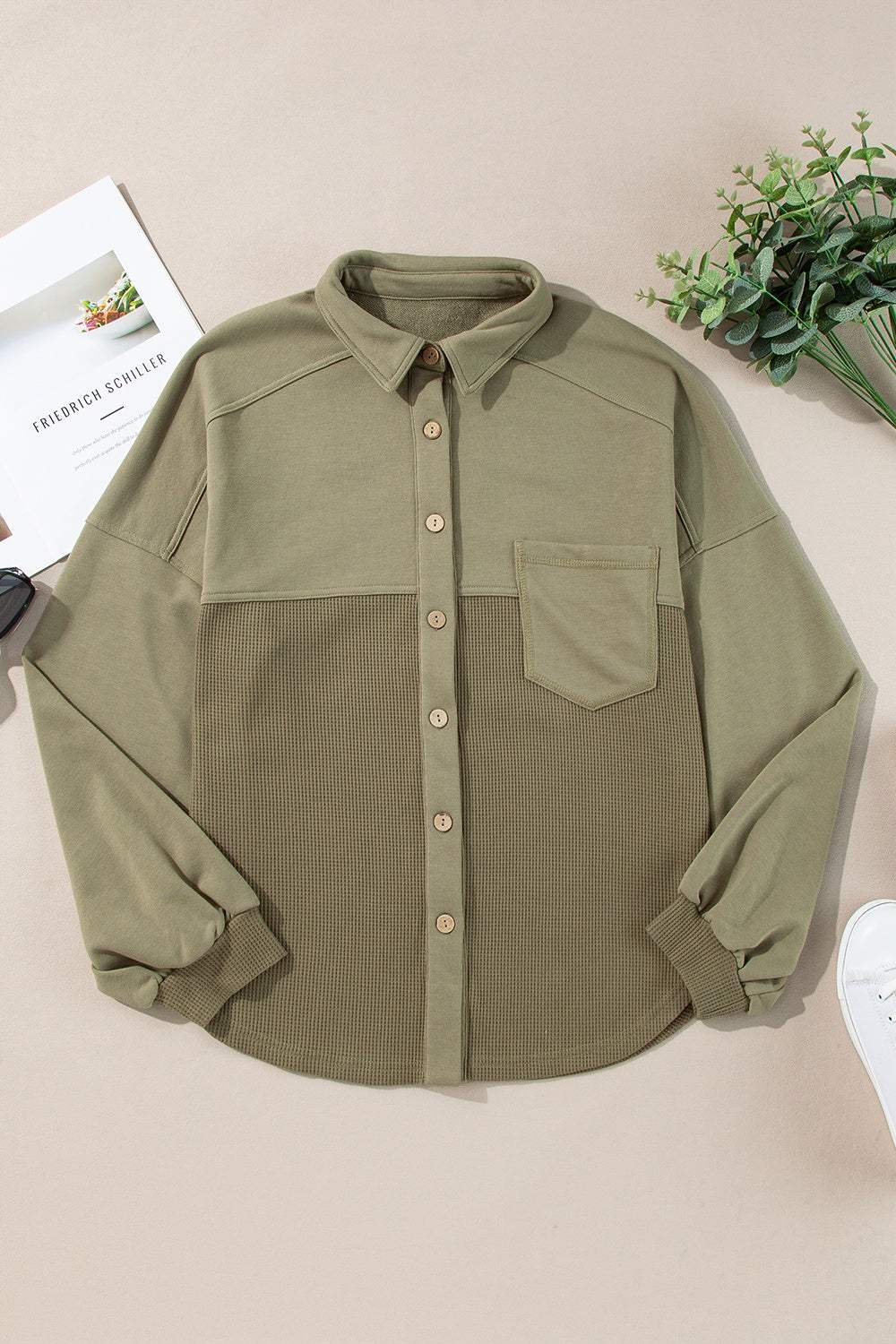 Waffle-Knit Collared Neck Long Sleeve Shacket - Trendsi - Flyclothing LLC