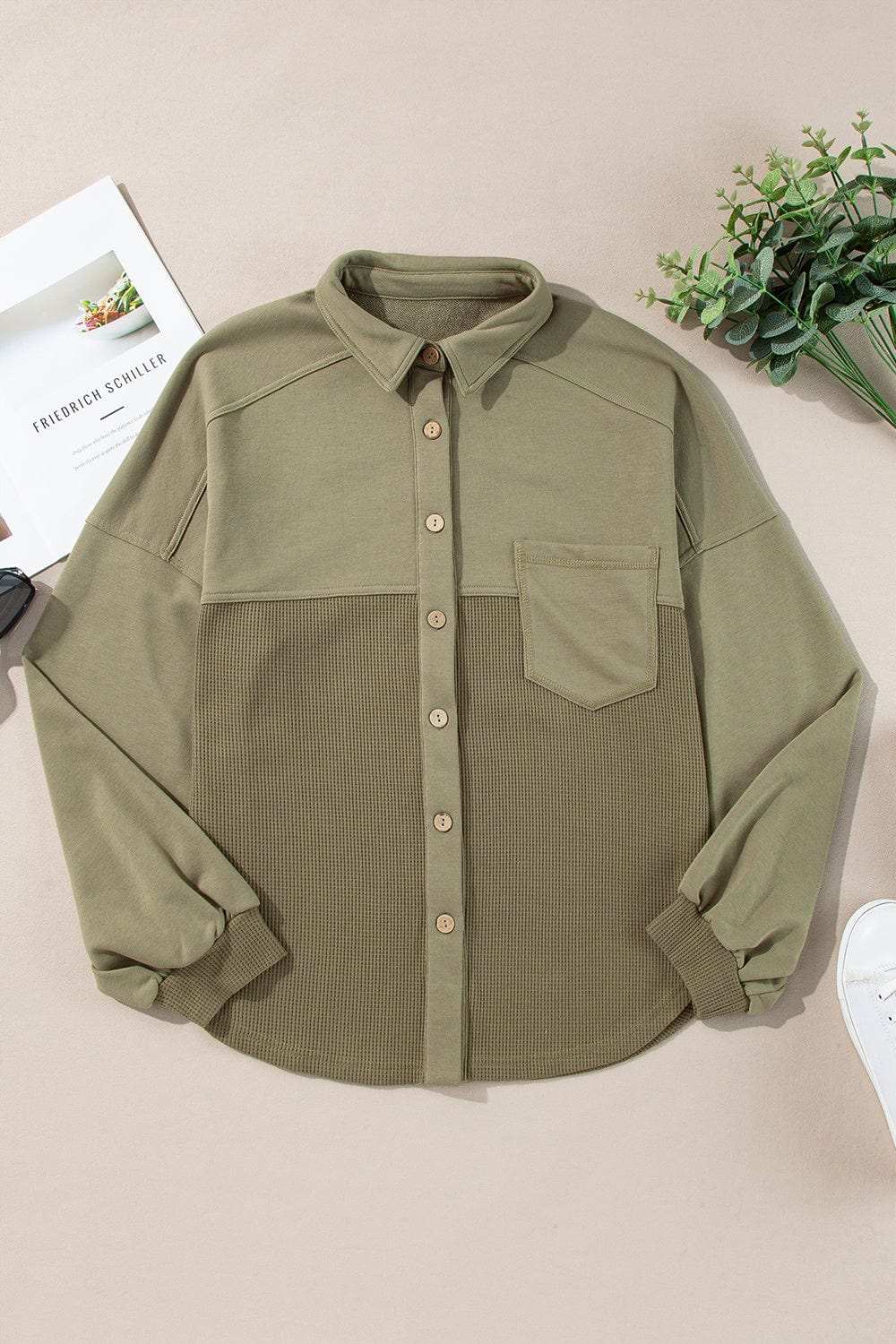 Waffle-Knit Collared Neck Long Sleeve Shacket - Trendsi - Flyclothing LLC