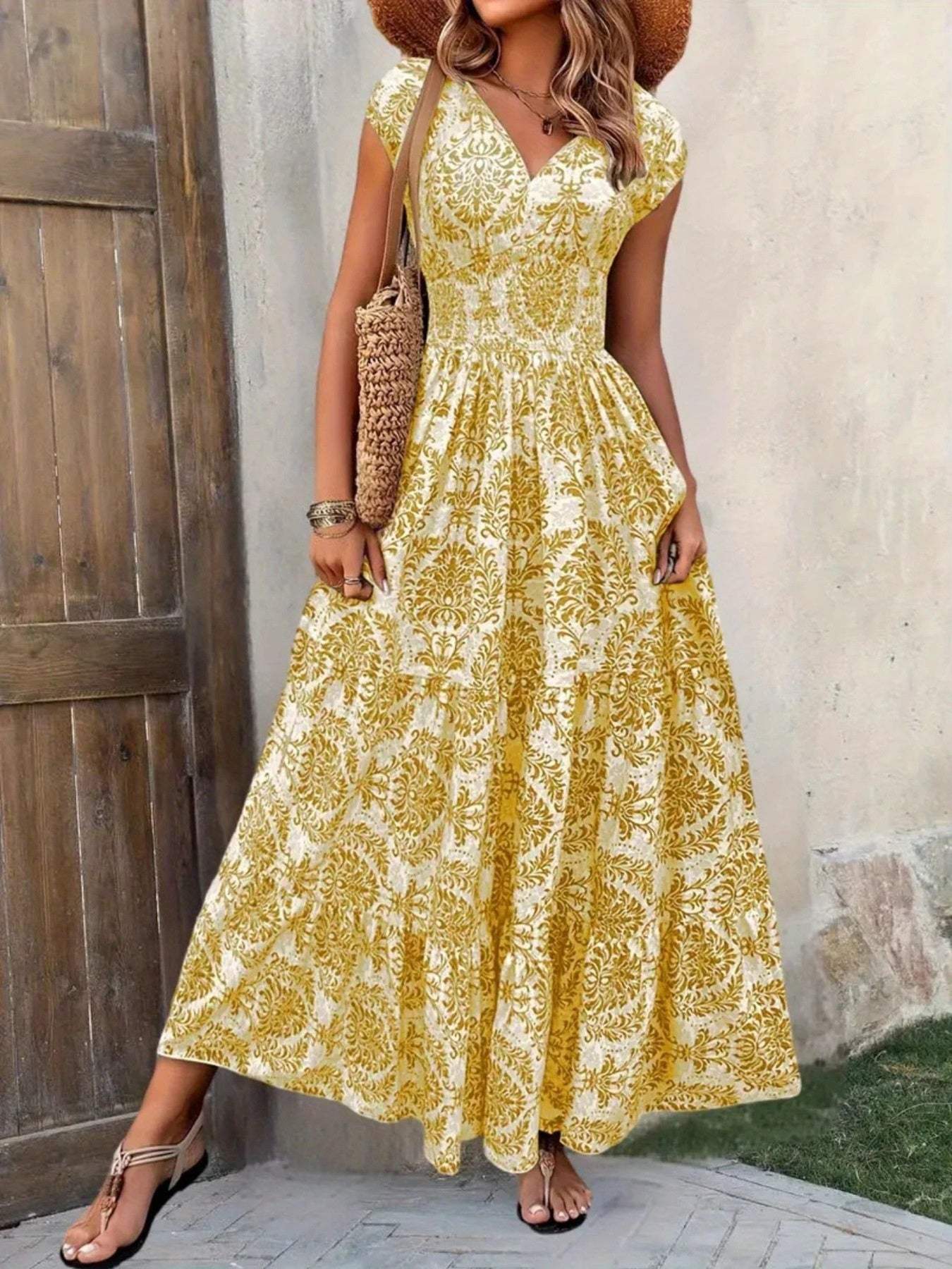 Printed Cap Sleeve Maxi Dress - Trendsi - Flyclothing LLC