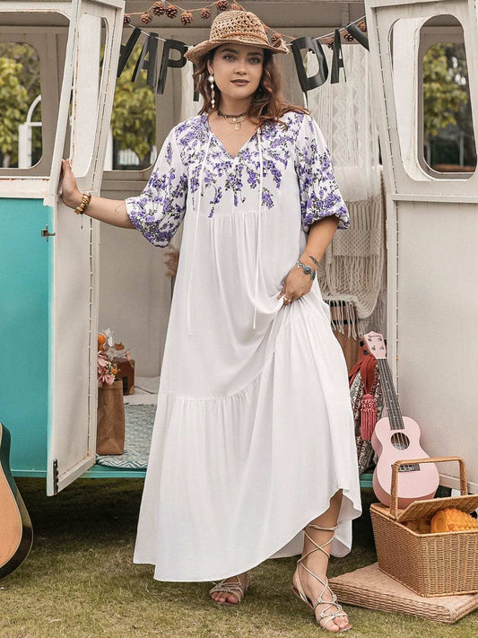 Plus Size Printed Tie Neck Half Sleeve Maxi Dress - Trendsi - Flyclothing LLC