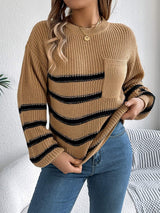 Striped Round Neck Long Sleeve Sweater - Trendsi - Flyclothing LLC
