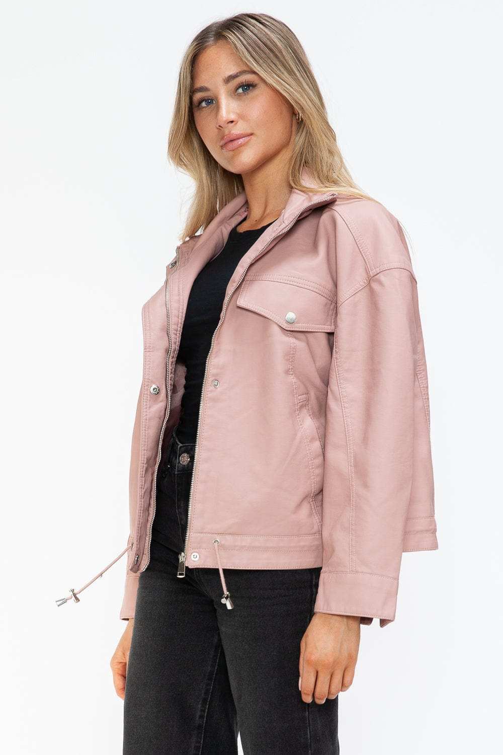 How Dare U Drawstring Hem PU Leather Zip Up Jacket - Trendsi - Flyclothing LLC