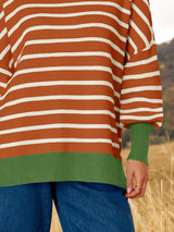 Striped Round Neck Long Sleeve Sweater - Trendsi - Flyclothing LLC