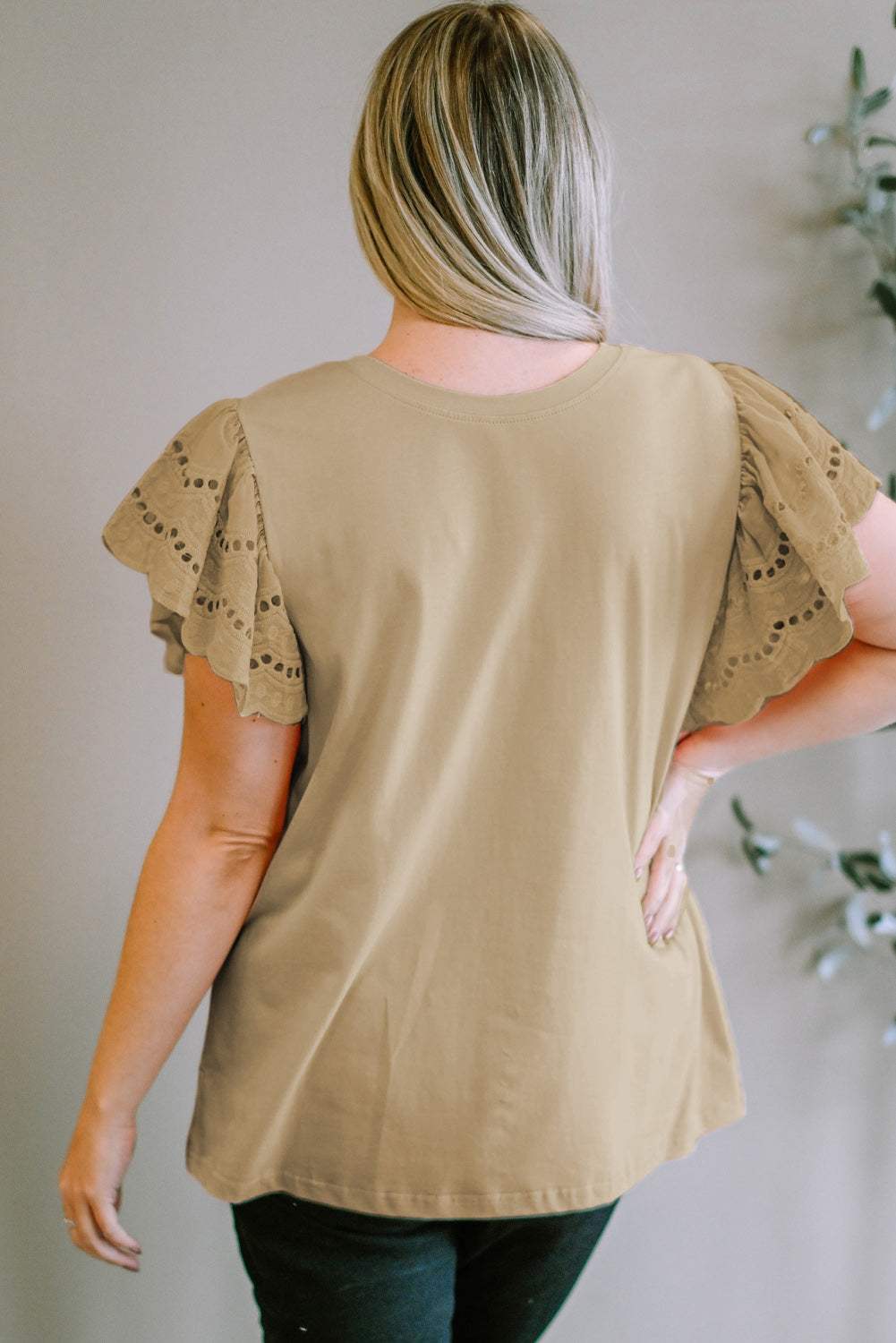 Plus Size Eyelet Round Neck Short Sleeve Blouse - Trendsi - Flyclothing LLC