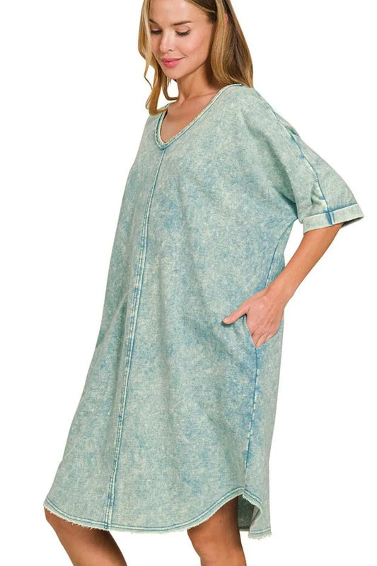 Zenana Acid-washed French Terry Tee Shirts Dress - Trendsi - Flyclothing LLC