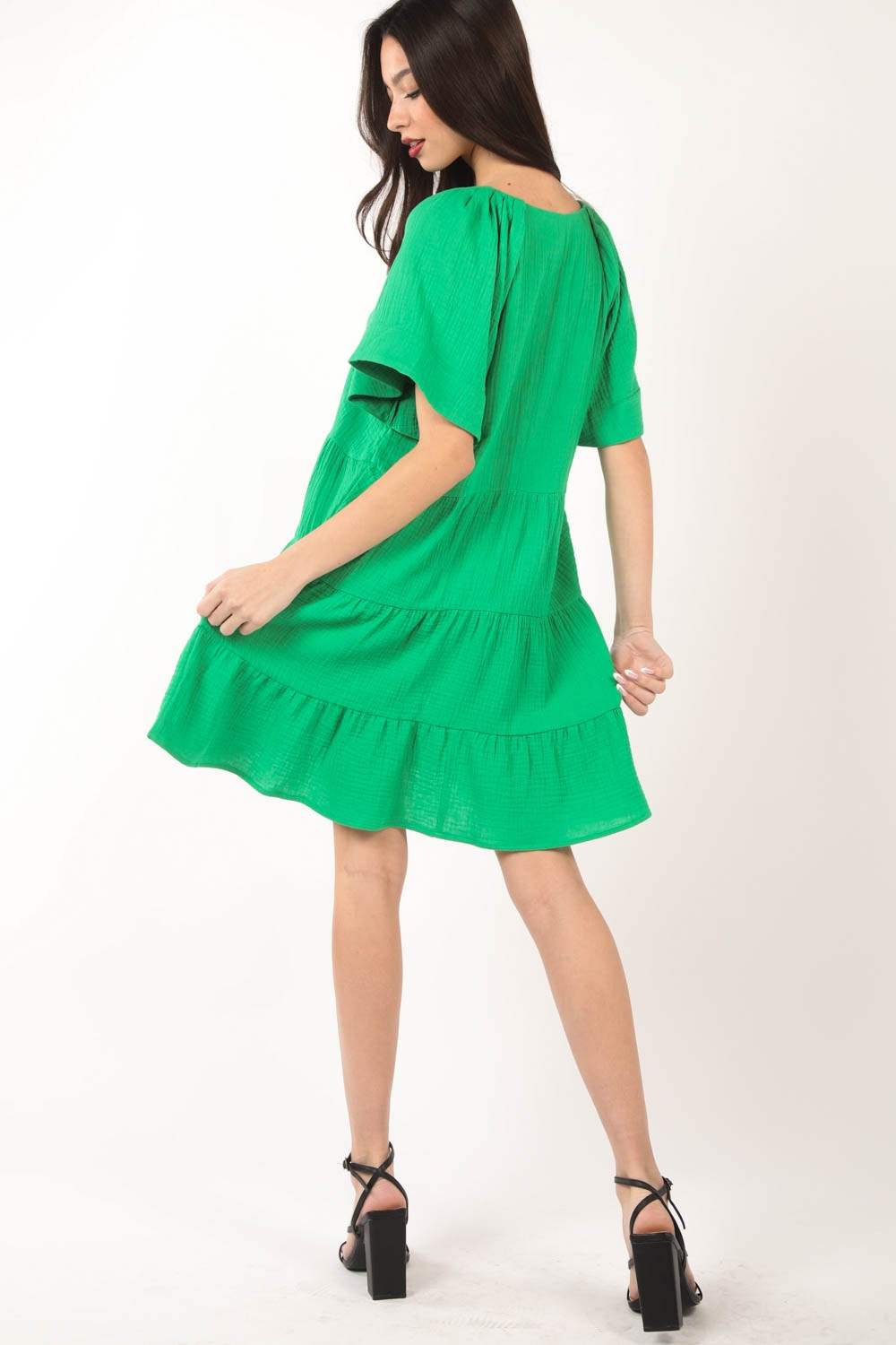 VERY J Texture V-Neck Ruffled Tiered Dress - Trendsi - Flyclothing LLC