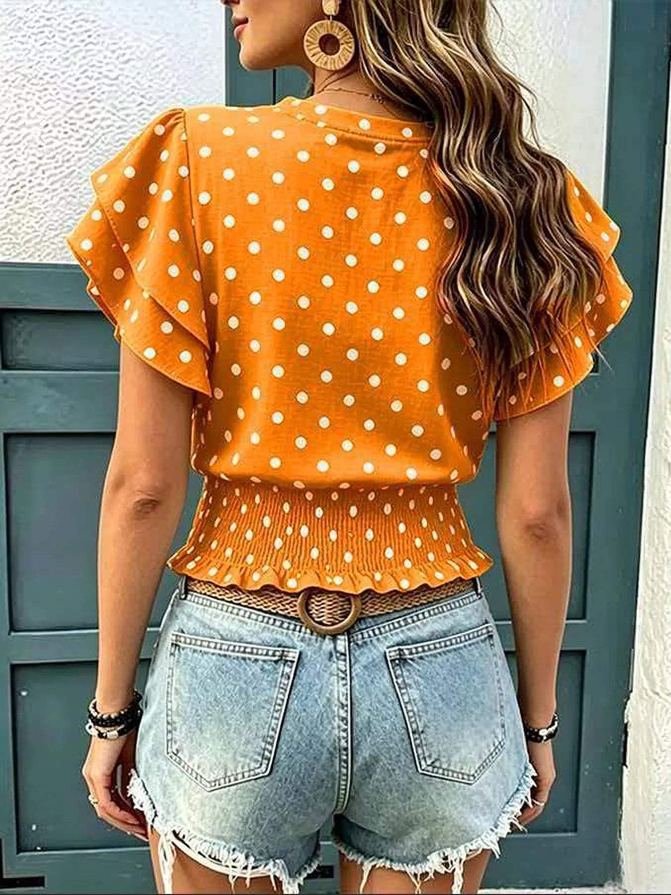 Polka Dot Ruffle Sleeve Blouse - Trendsi - Flyclothing LLC