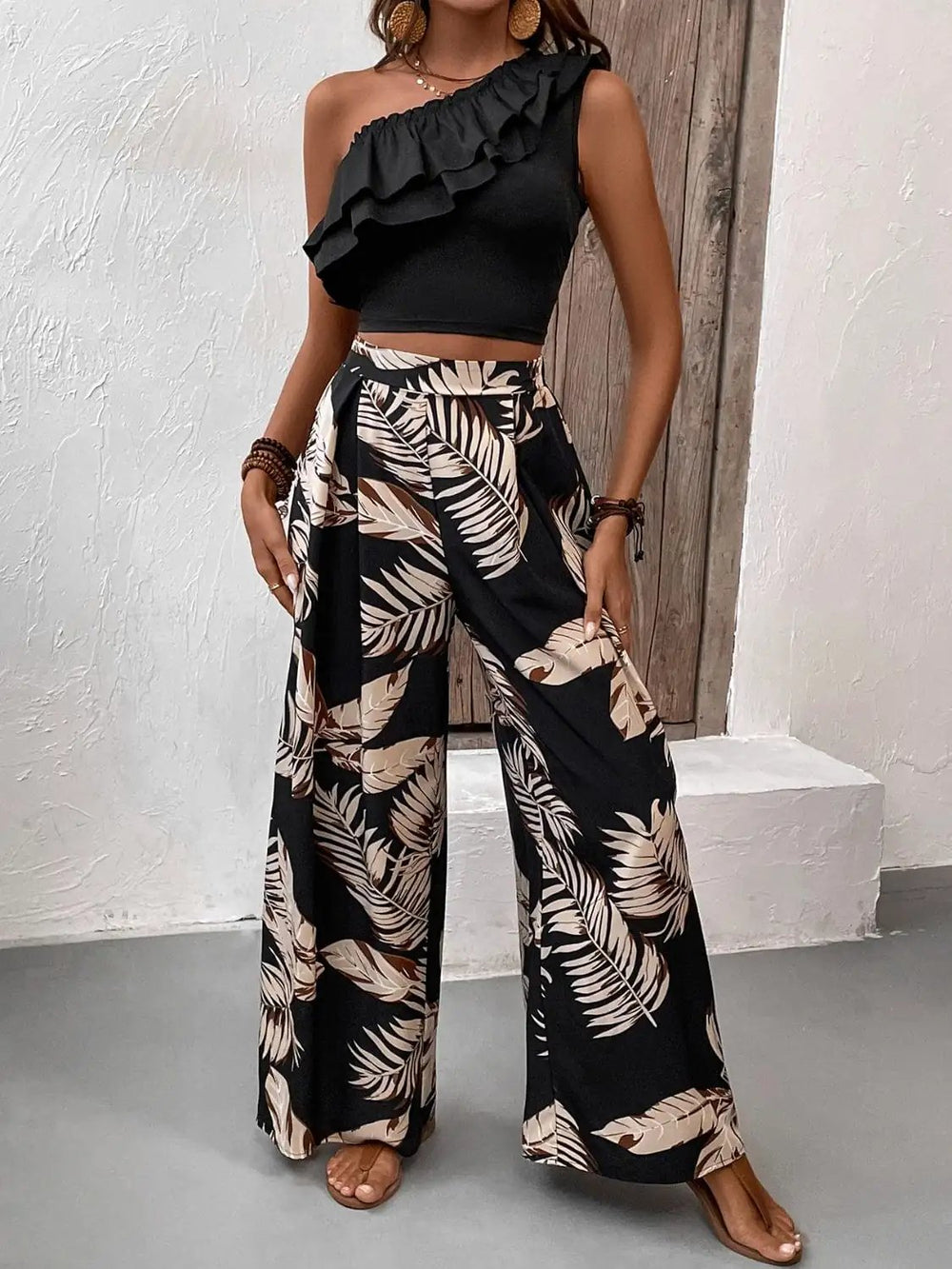 Ruffled Sleeveless Top and Printed Pants Set - Trendsi