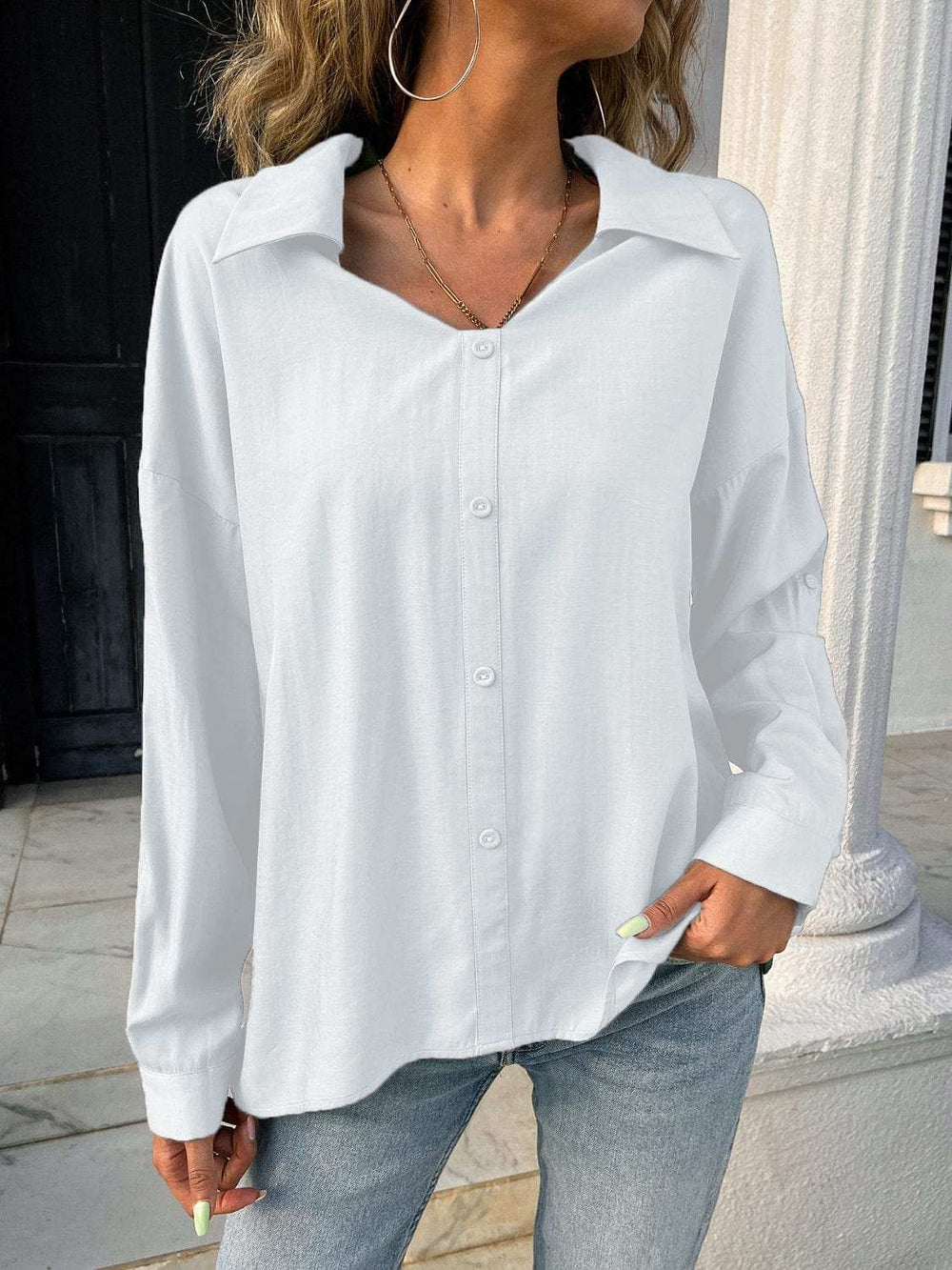 Button Down Collared Neck Long Sleeve Shirt - Trendsi - Flyclothing LLC