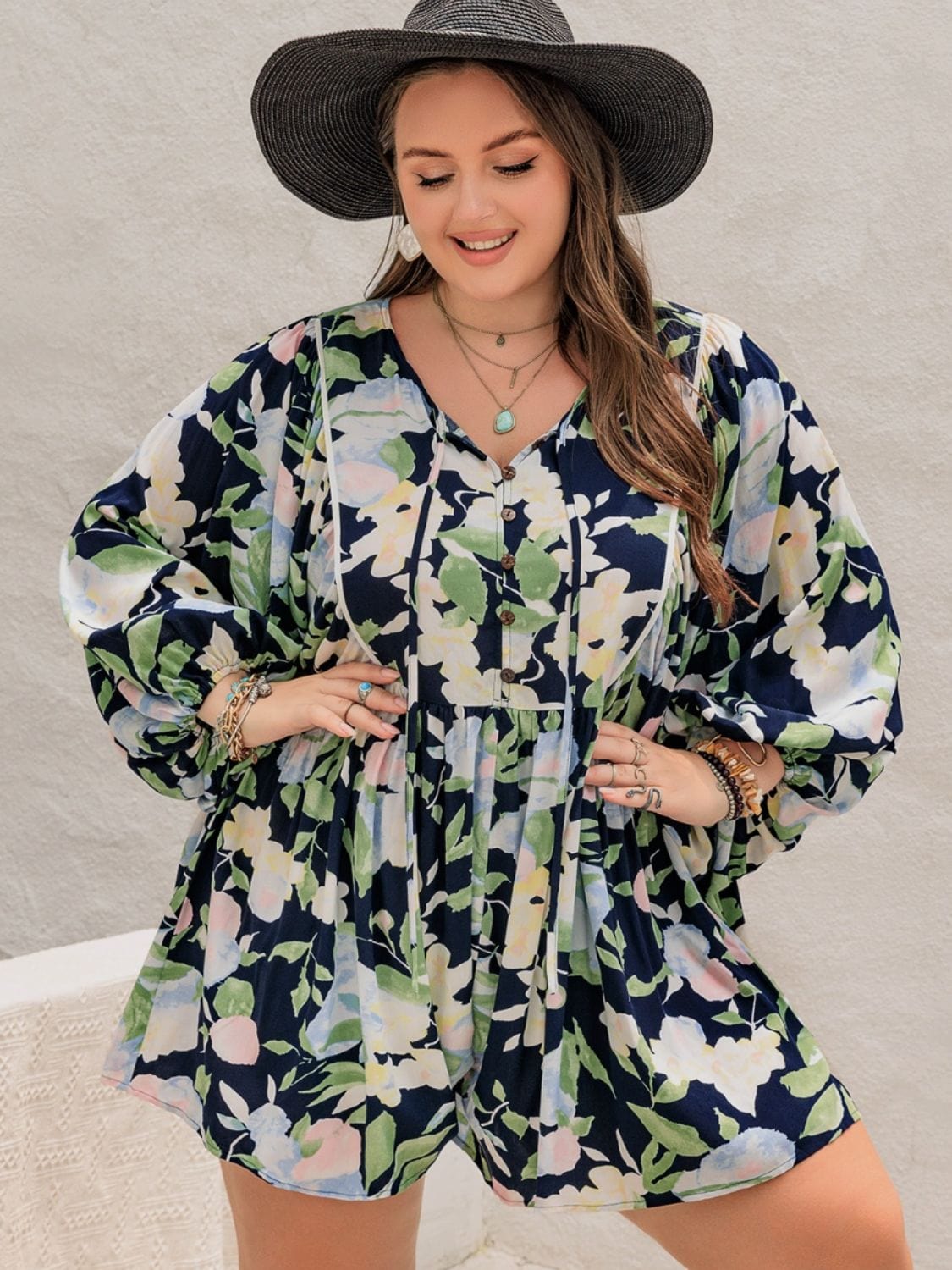 Plus Size Tied Printed Long Sleeve Romper - Trendsi