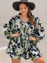 Plus Size Tied Printed Long Sleeve Romper - Trendsi - Flyclothing LLC