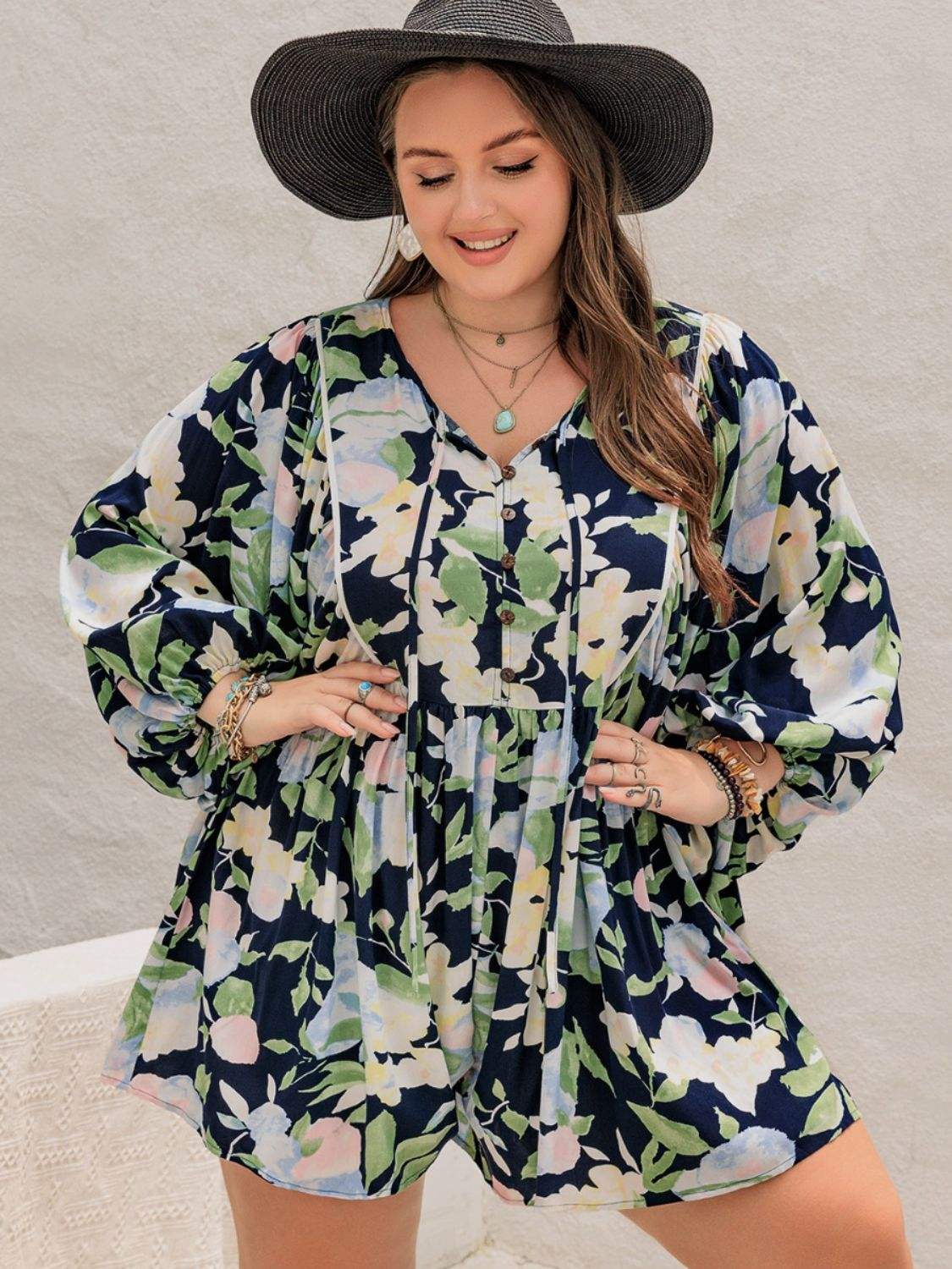 Plus Size Tied Printed Long Sleeve Romper - Trendsi - Flyclothing LLC