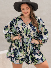 Plus Size Tied Printed Long Sleeve Romper - Trendsi