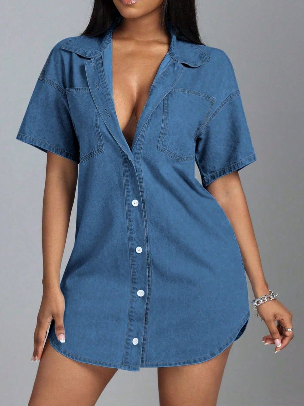 Button Down Collared Neck Denim Dress - Trendsi