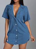 Button Down Collared Neck Denim Dress - Trendsi