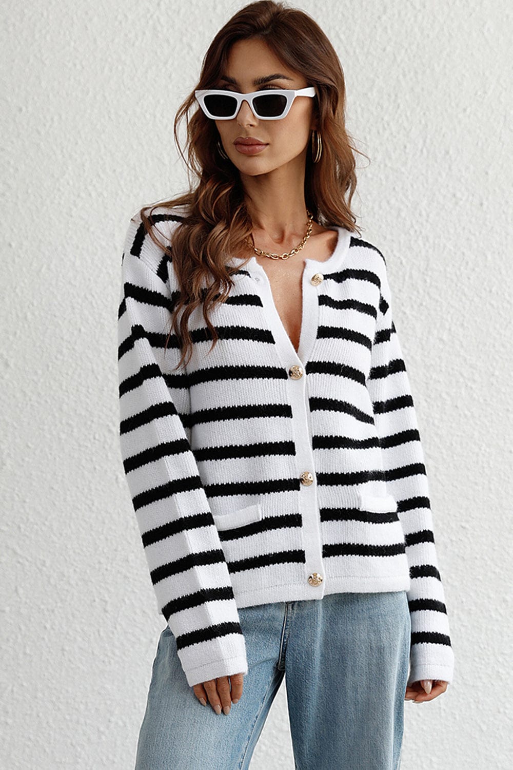 Striped Button Down Long Sleeve Cardigan - Trendsi