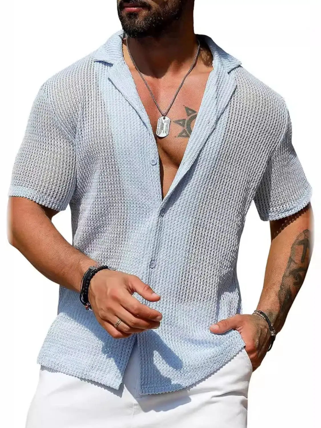 Open Work Button Men's Full Size Openwork Button Down Short Sleeve Shirt Plus Size ...