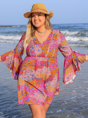 Plus Size Ruched Printed Long Sleeve Dress - Trendsi