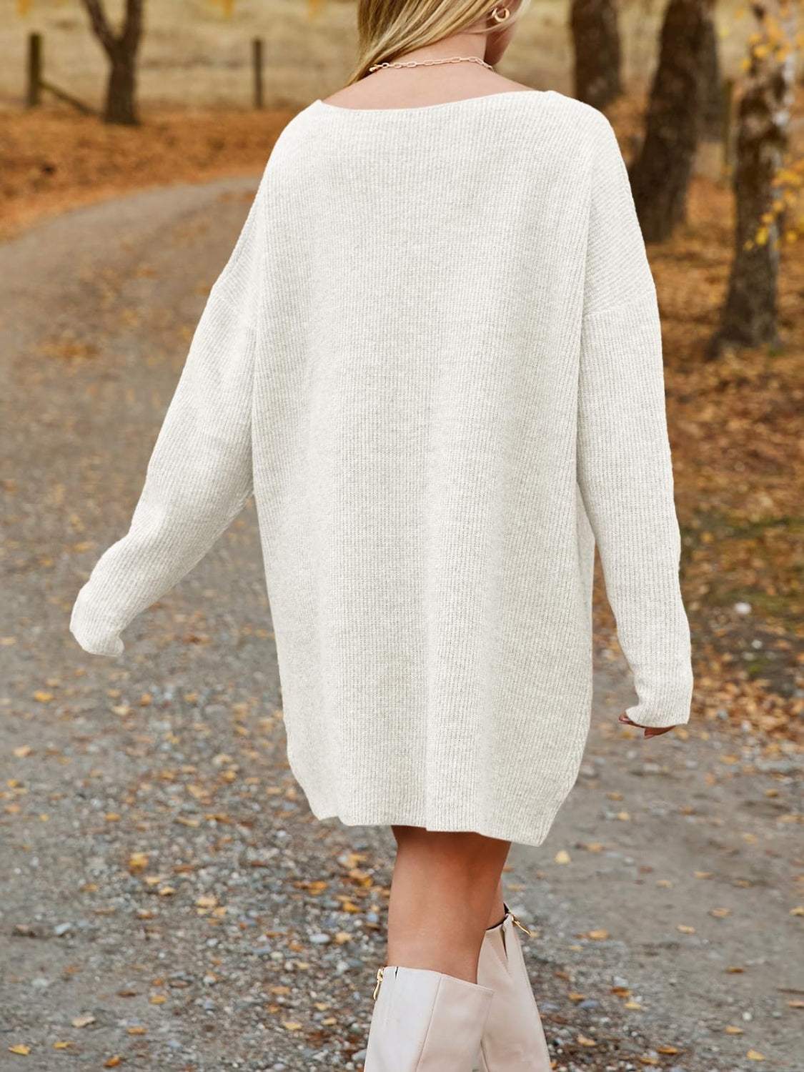 V-Neck Dropped Shoulder Sweater Dress - Trendsi - Flyclothing LLC