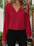 Lace Detail V-Neck Long Sleeve Blouse - Trendsi