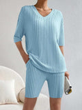 Ribbed V-Neck Top and Shorts Set - Trendsi - Flyclothing LLC