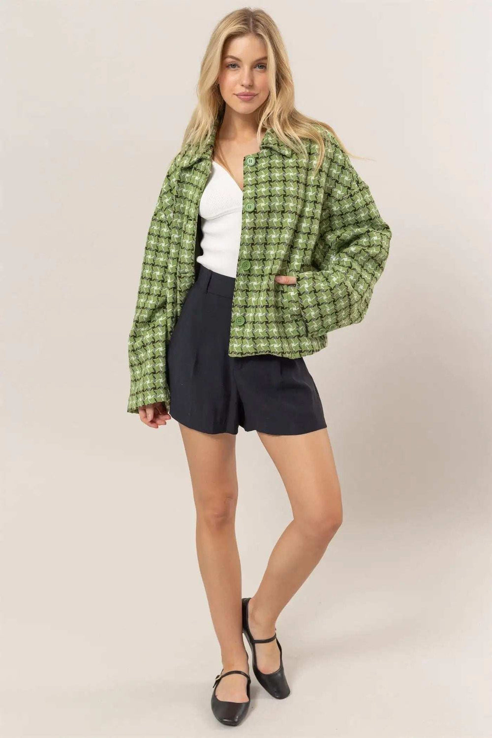 HYFVE Tweed Plaid Button Up Collared Neck Jacket - Trendsi - Flyclothing LLC