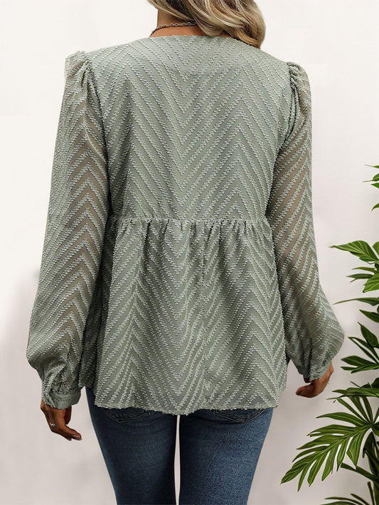 Peplum Round Neck Long Sleeve Blouse - Trendsi