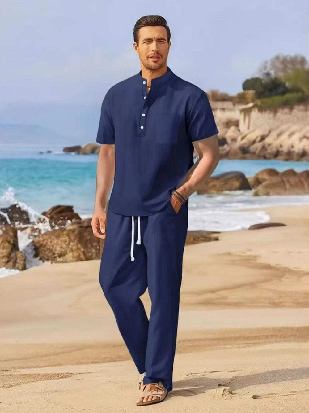 Men's Full Size Half Button Top and Drawstring Pants Set Plus Size - Trendsi - Flyclothing LLC