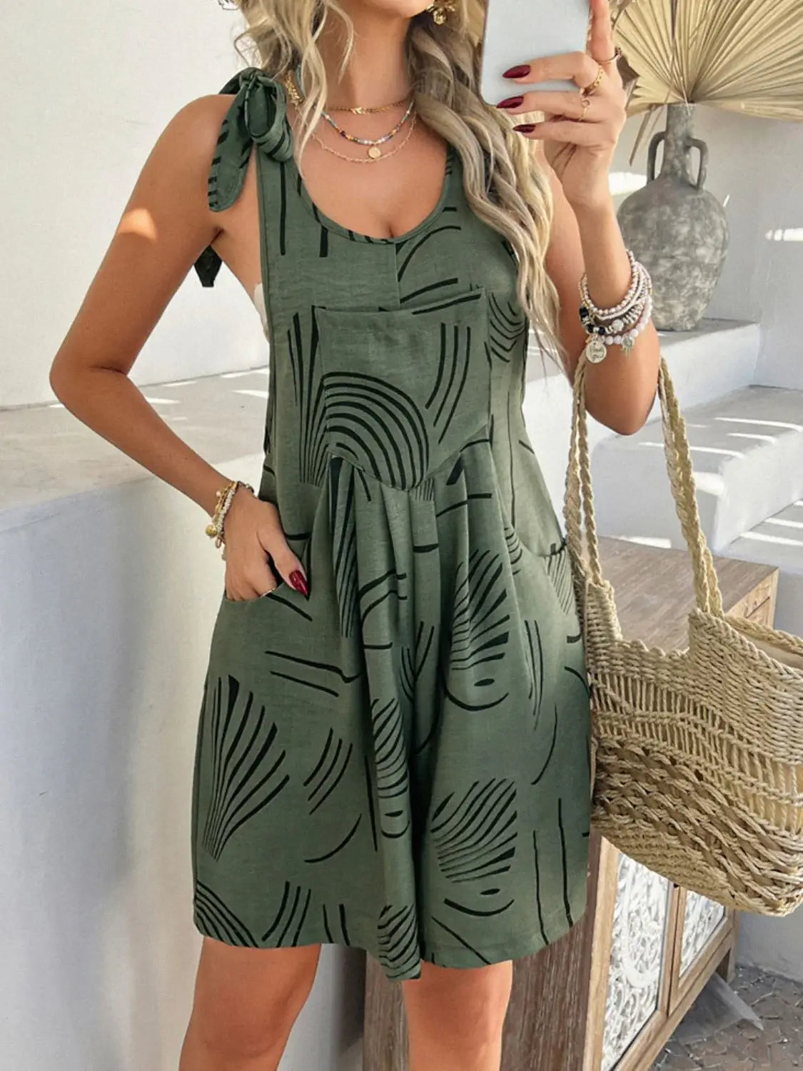 Devine Printed Tie Shoulder Overalls with Pockets - Trendsi - Flyclothing LLC