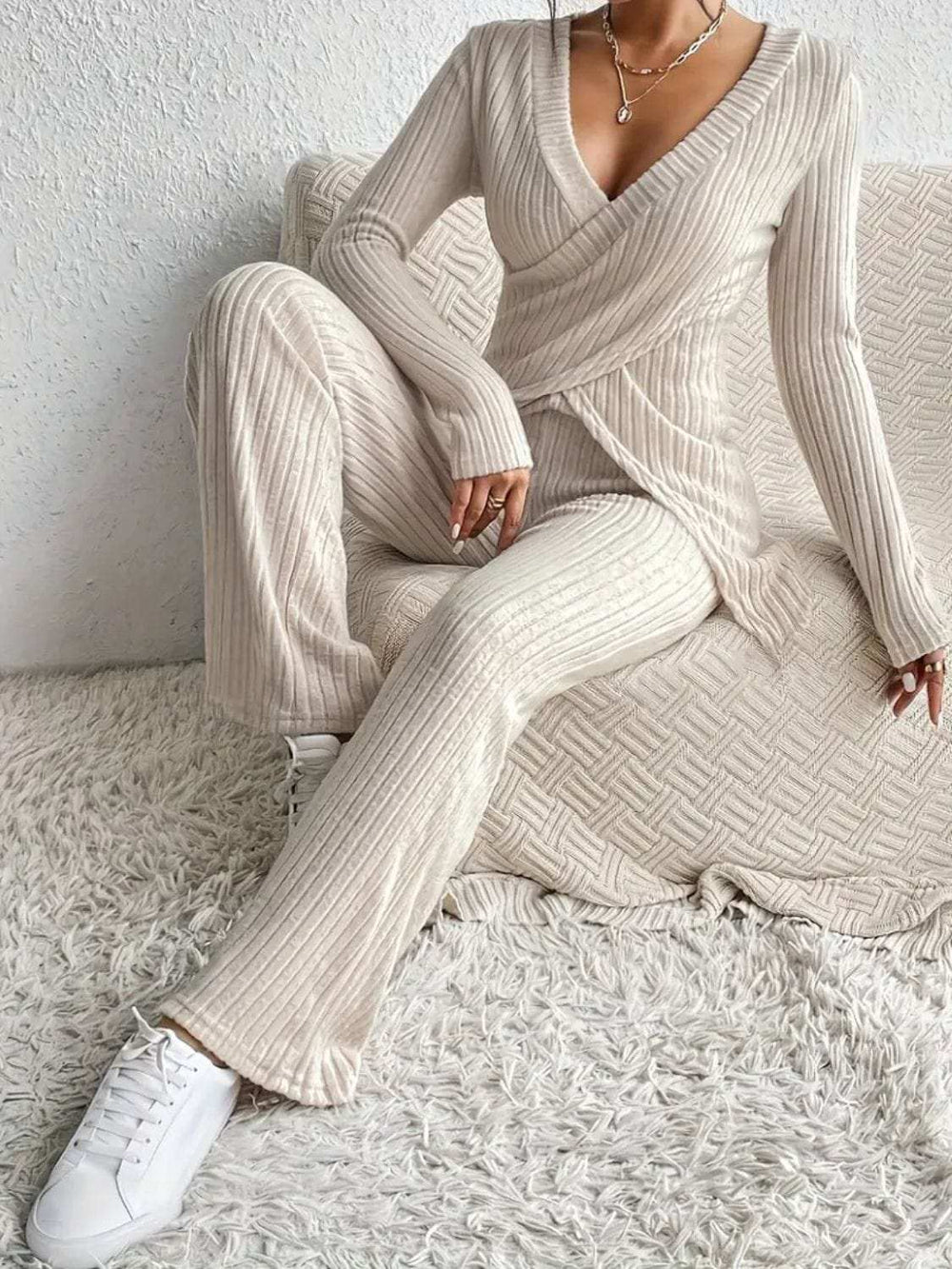 Surplice Long Sleeve Top and Pants Set - Trendsi - Flyclothing LLC