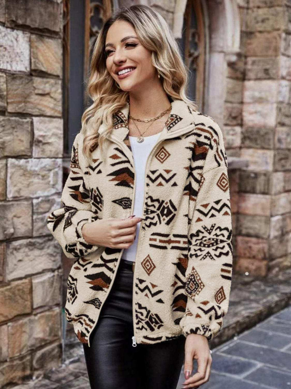 Geometric Zip Up Long Sleeve Outerwear - Trendsi - Flyclothing LLC