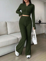 Zip Up Long Sleeve Top and Pants Set - Trendsi - Flyclothing LLC